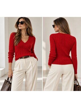J.Crew 100% Cashmere Red Cable Knit V Neck Sweater Women's Size S